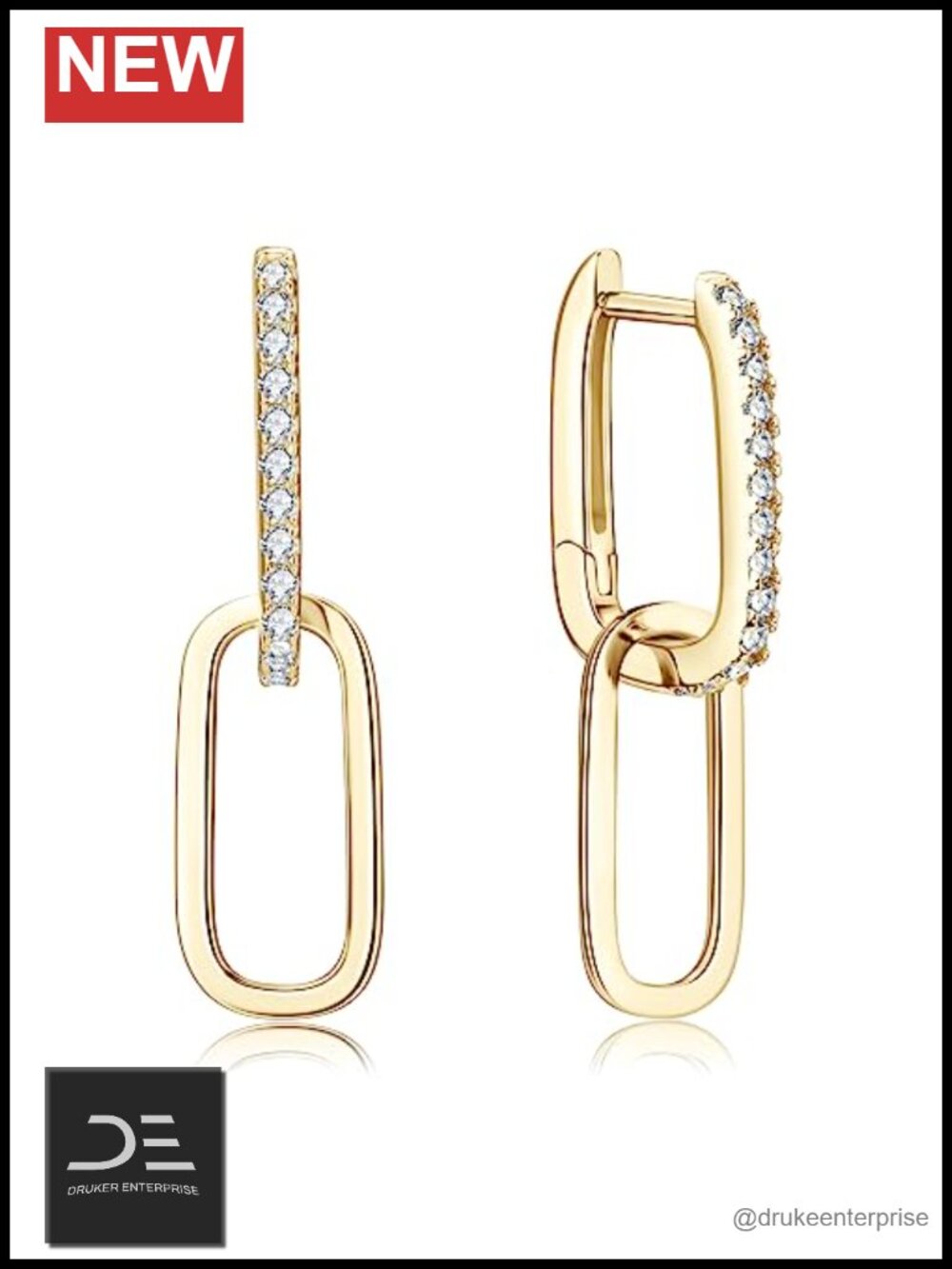 Moissanite Dangle Earrings 925 Sterling Silver 14K Gold Plating Paperclip Chain